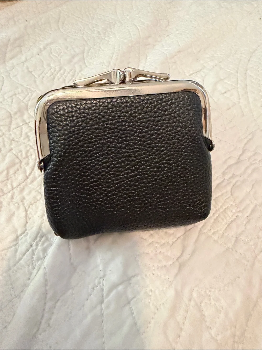 Compact Black Pebbled Leather Wallet with Silver Hardware